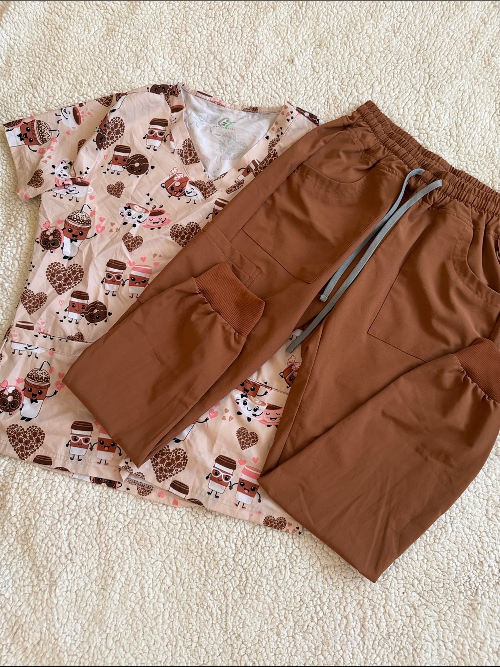 Cute Coffee  Print Scrub Top with Brown Medgear  Scrub Pants